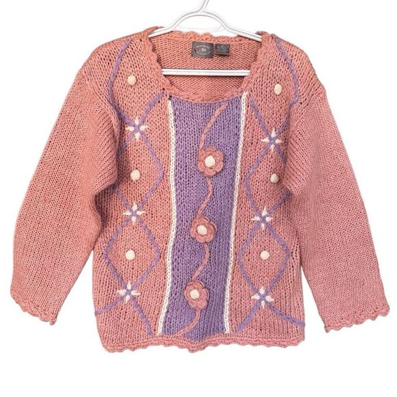 Vintage Sweaters - Vintage 3D Flower Knit Sweater Women Size Small Pink Purple Hem Cuff Trim Cottag